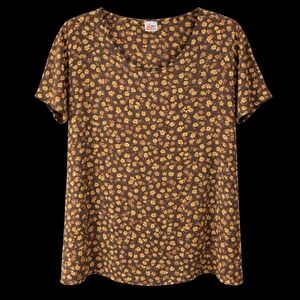 Zig Zag Stripe Floral Short Sleeve Top | Brown Yellow | 2XL